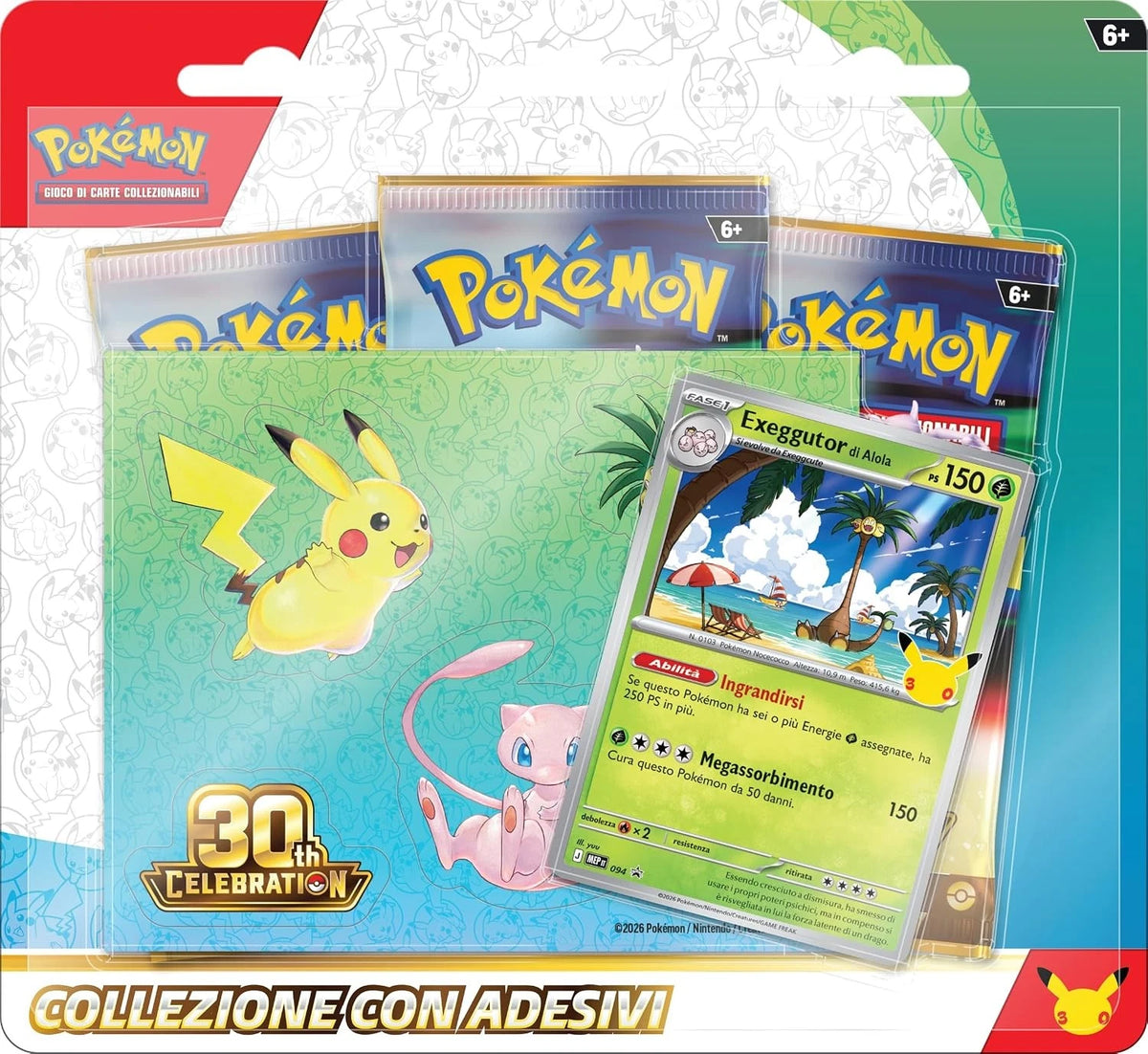 30. ANNIVERSARIO POKEMON gioco carte Blister 3 Buste ITALIANO ADESIVI EXEGGUTOR